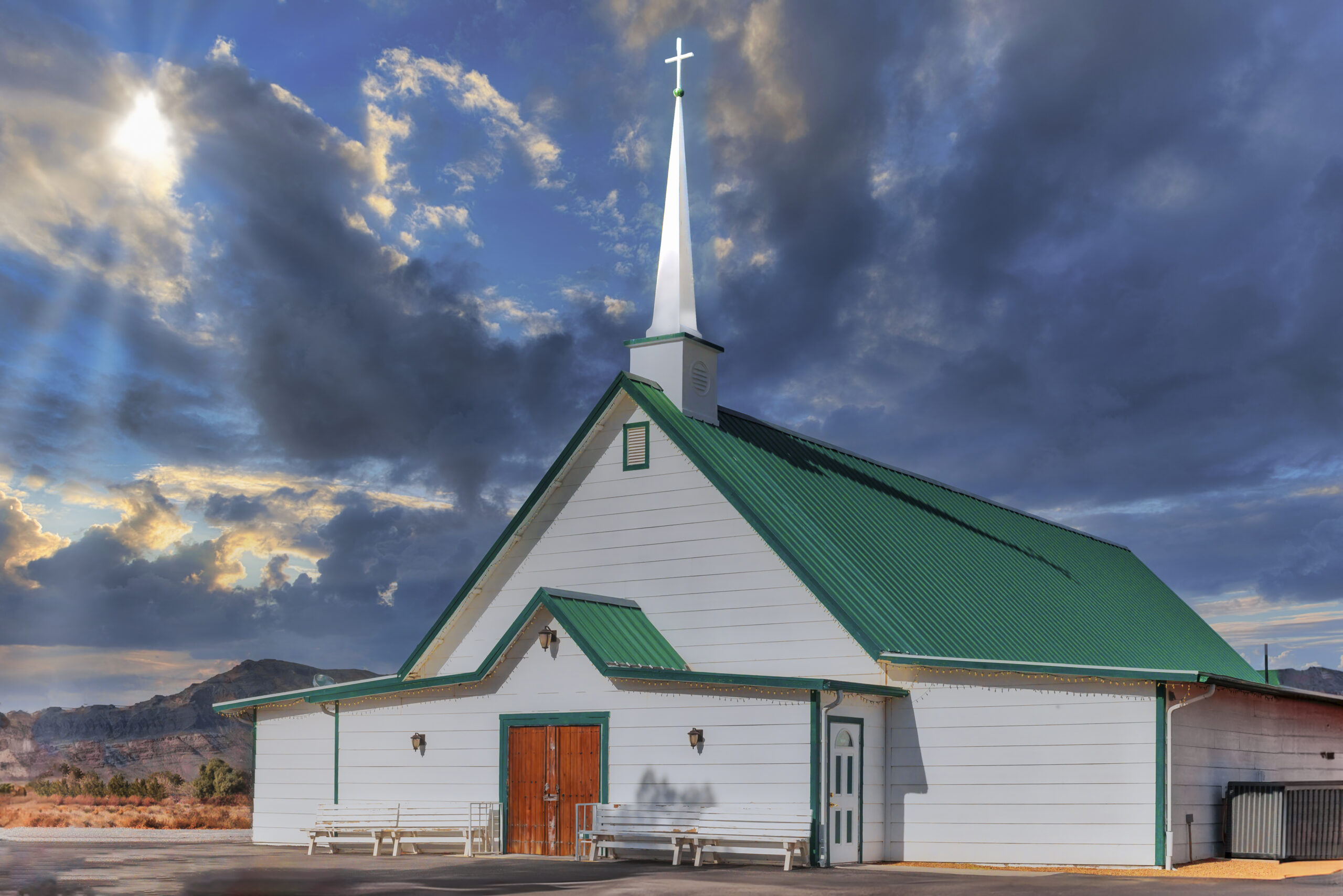 Church with a green metal roof